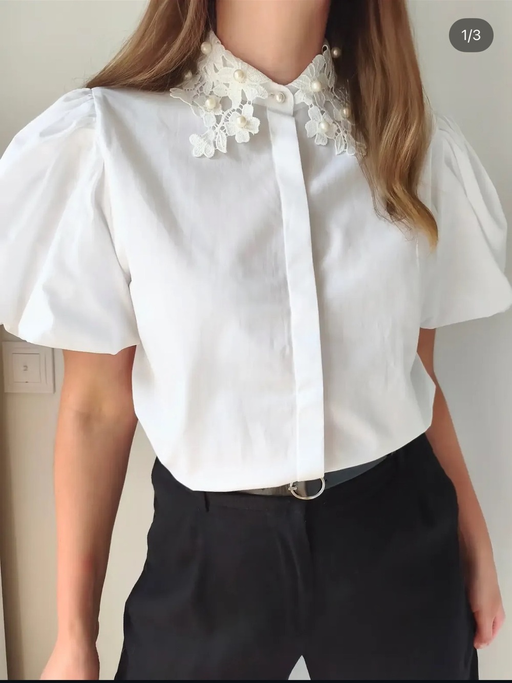 ZARA White Floral Lace-Collar Button-Down Top